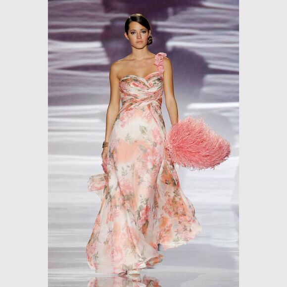 Sonia Pena Dress Peach Sweetheart One Shoulder Floral Maxi Bridesmaid Gown Sz 8 - Picture 1 of 14